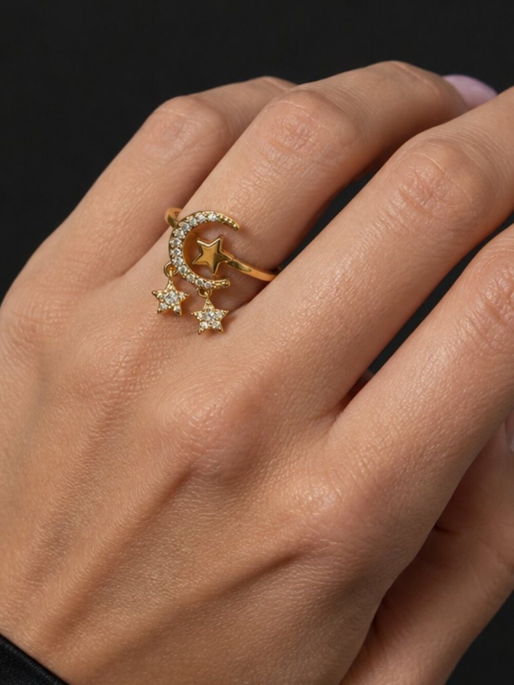 Gold Moon Star Ring Adjustable Celestial Crystal Dangle Minimal Luxury Aesthetic